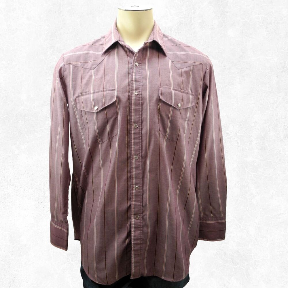 Vintage Miller Pearl Snap Shirt Mens 16-1/2 34 Burgundy Gold Stripe Western Wear